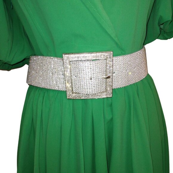 LC LIZETTE COLLECTION GREEN PEPLUM DRESS W/ SHORT SLEEVES & WIDE CRYSTAL BELT - Picture 6 of 9